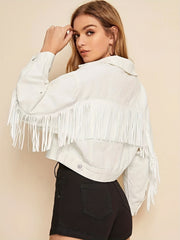 Fringe Trim Denim Jacket Flap Pockets Lapel Coat Women's Clothing