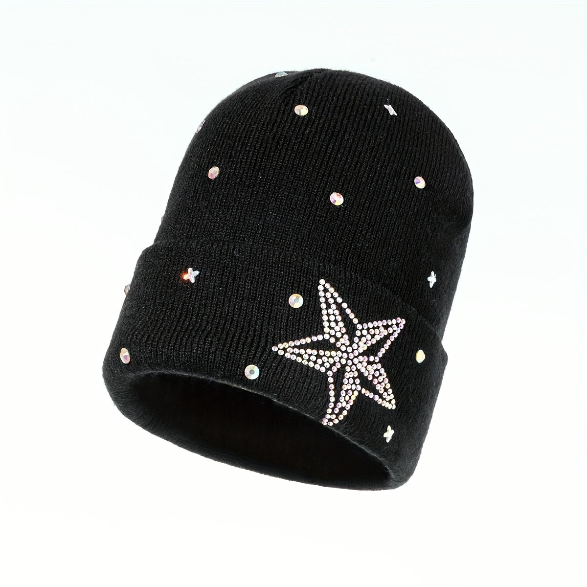 Rhinestone Star Beanie Casual Knit Hat Warm Skull Cap