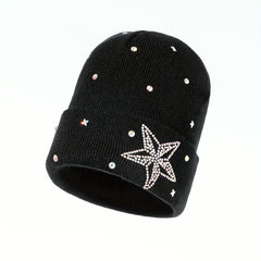 Rhinestone Star Beanie Casual Knit Hat Warm Skull Cap