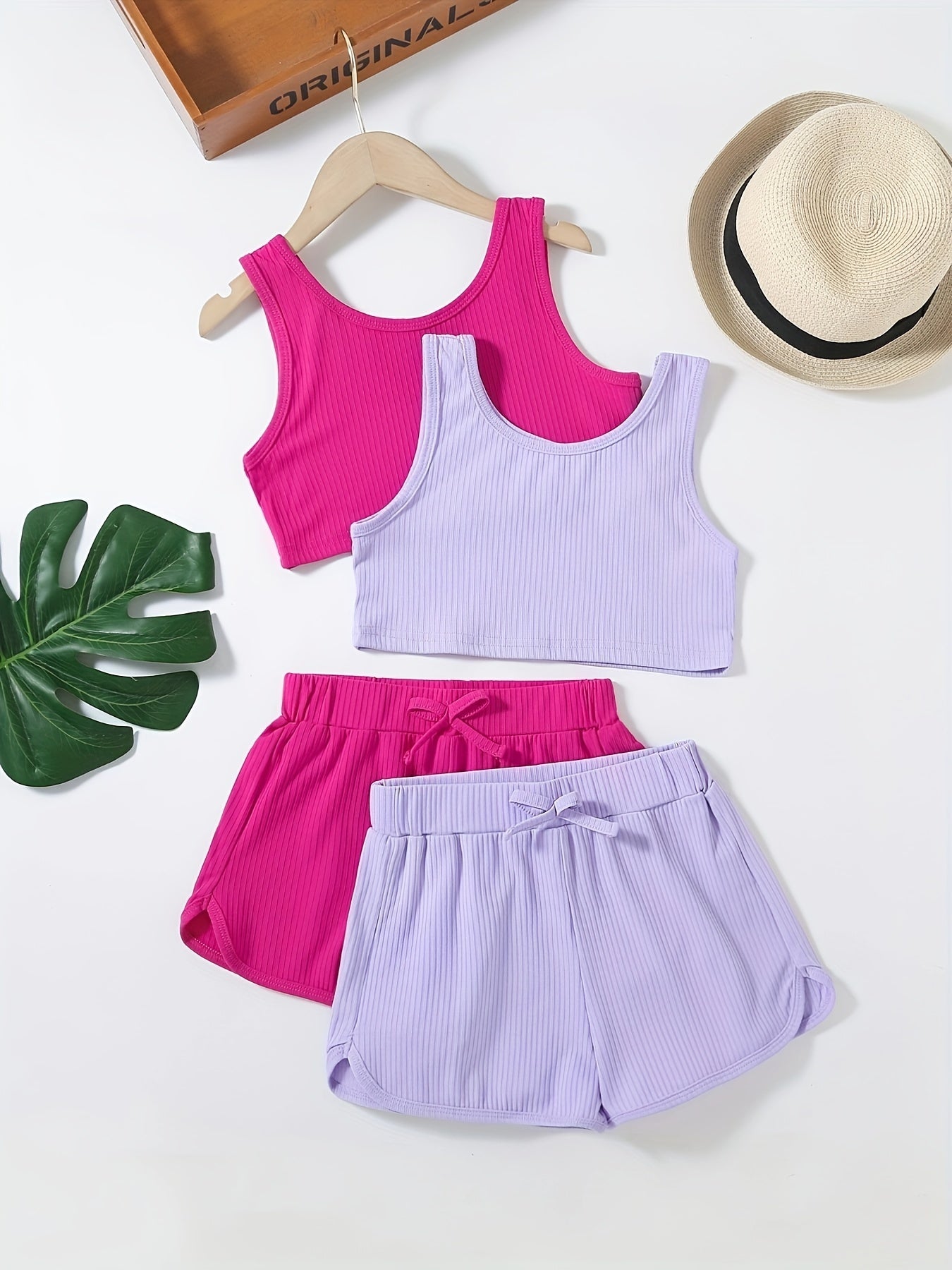 Girls Ribbed Crop Tank Top & Track Shorts Set Kids Summer Clothes