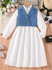 Girl's 2pcs Long Sleeve Dress & Lapel Vest Set for Spring Autumn Summer