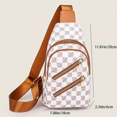 Plaid Pattern Sling Bag Zipper Front Chest Purse PU Leather Crossbody Bag