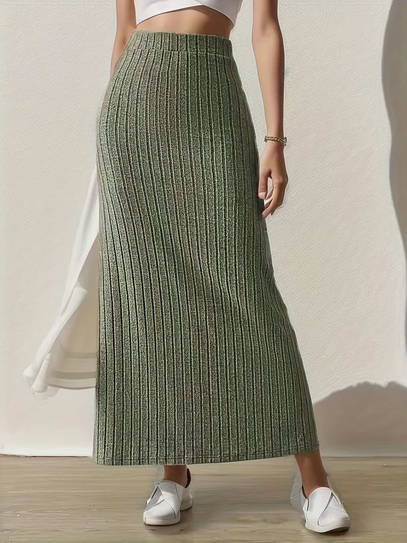 Ribbed Split Skirt High Waist for Spring & Summer Women's Clothing