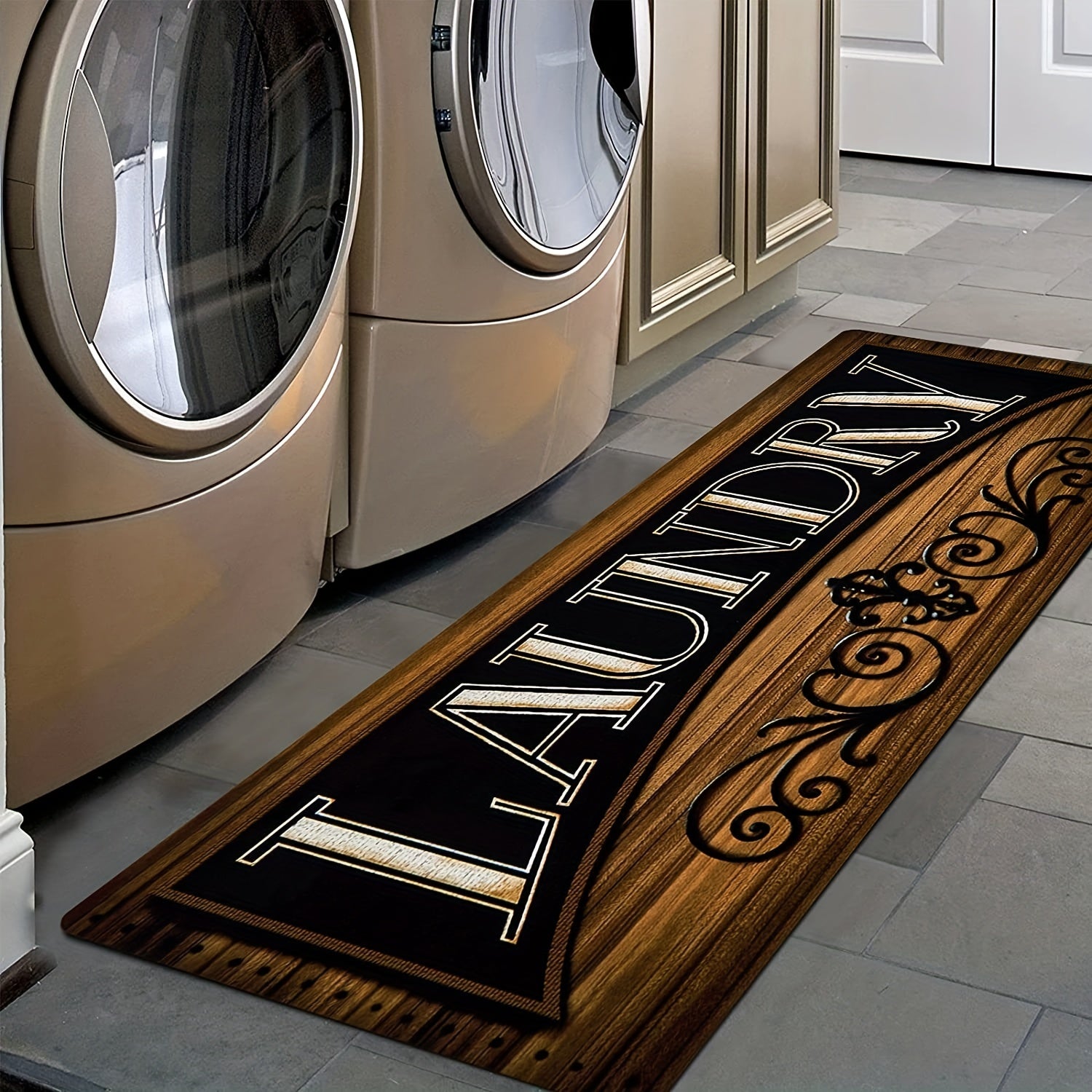 Brown Non Slip Laundry Room Rug Runner - Washable Floor Carpet