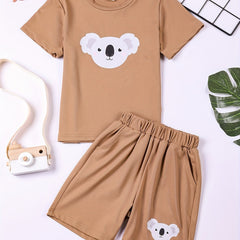 Boys Cartoon Koala Graphic Casual Outfit Round Neck T shirt & Shorts Set