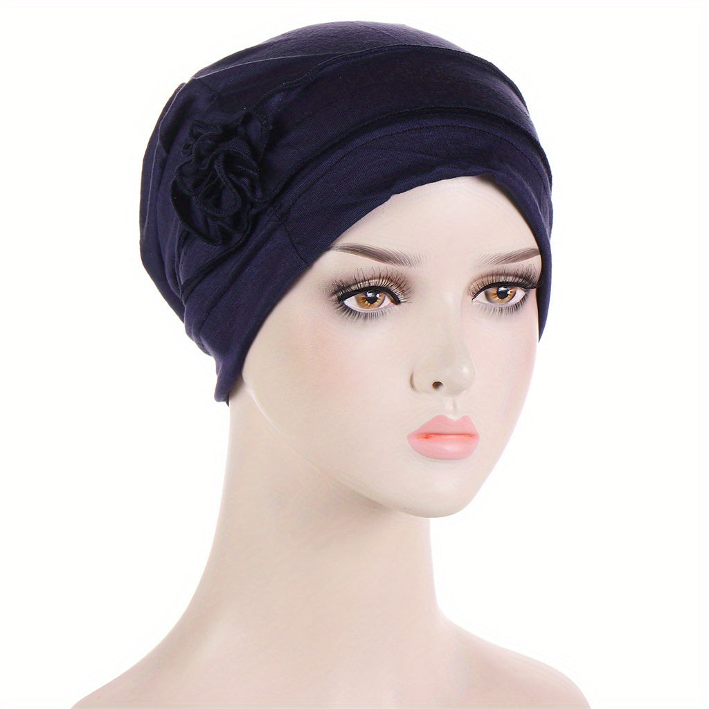 Flower Decor Turban Solid Beanie Head Scarf Ramadan Head Wrap
