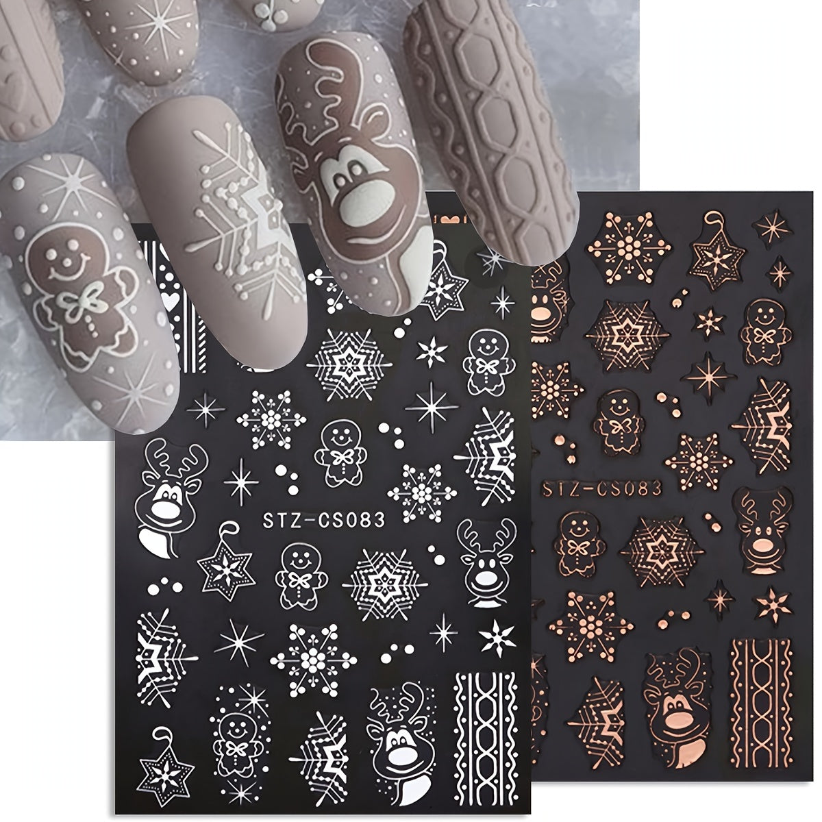 2pcs Christmas Nail Art Stickers Rose Golden & Snowflakes Gingerbread