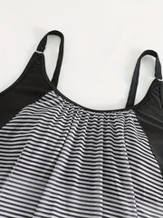 Striped Print 2 Piece Set Tankini Tummy Control Mesh Swimsuit Beach Pool Bathing