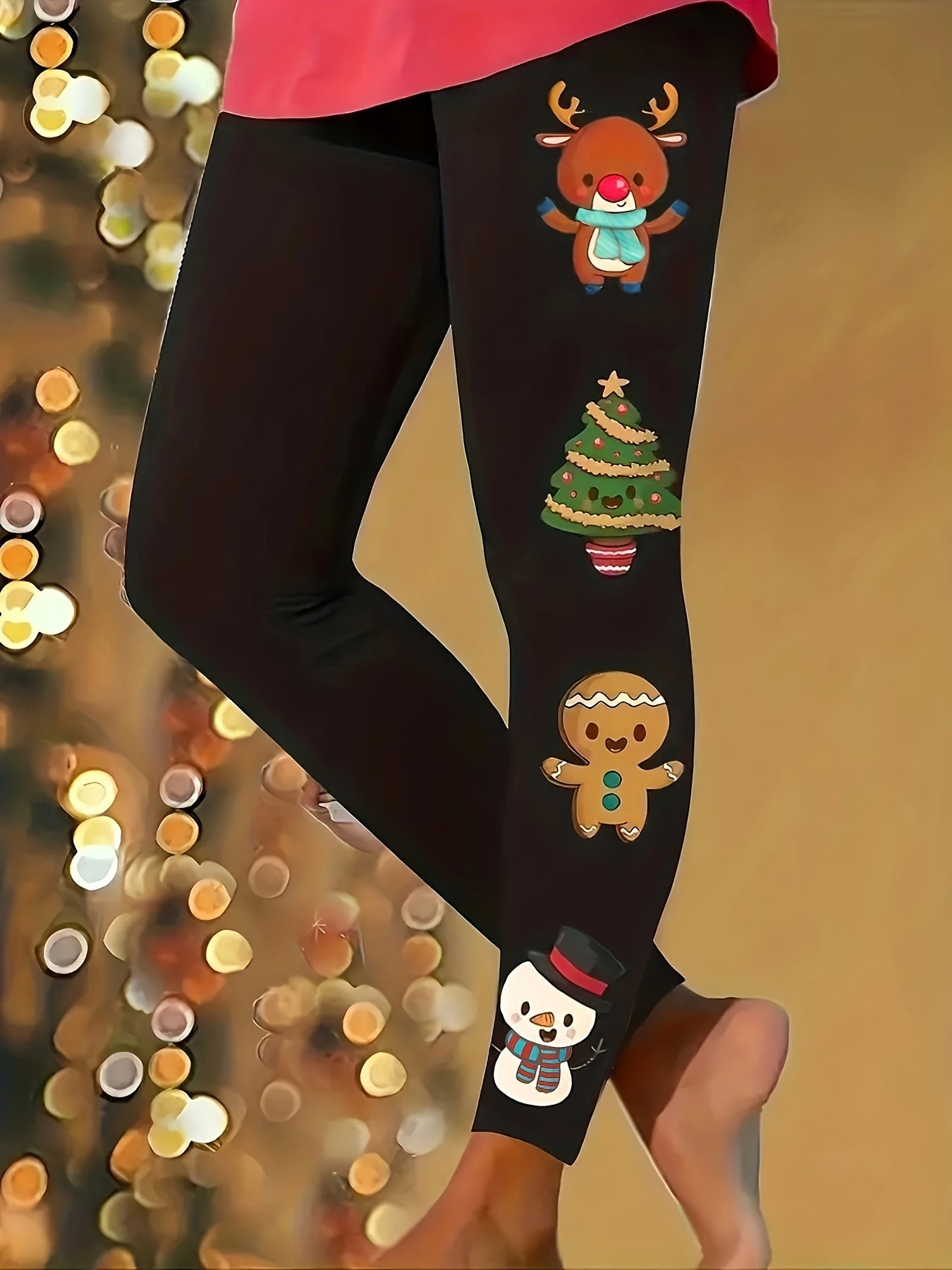 Women's Plus Christmas Leggings Reindeer Gingerbread Snowman Tree Print