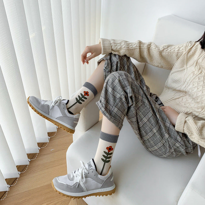 5 Pairs Crew Socks Women Checkerboard Floral Print
