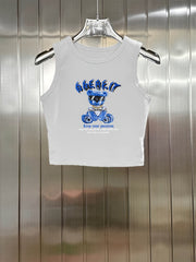 Bear Print Y2K Crop Tank Top Sleeveless Crew Neck Casual Top