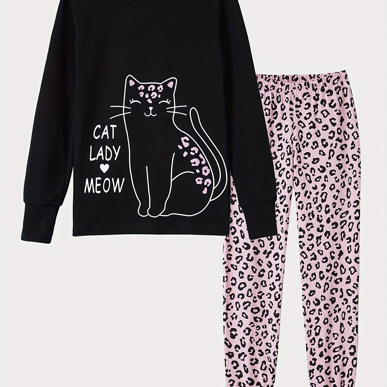 Girls Leopard Print Pajamas Set with Cat Cartoon Top