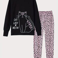 Girls Leopard Print Pajamas Set with Cat Cartoon Top