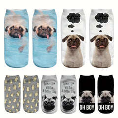 5 Pairs 3D Dog Print Low Cut Socks Women's Stockings