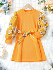 Floral Colorblock Long Sleeve Casual Dress Set with Belt