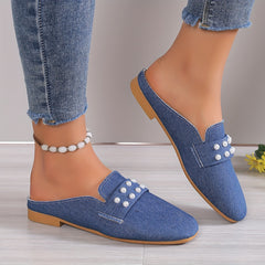 Women's Faux Pearl Flat Shoes Pointed Toe Slip On Denim Loafers