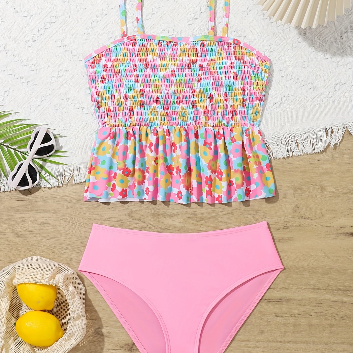 Toddler Girls Bikini Tankini Swimsuit Floral Graphic Ruffle Trim Set