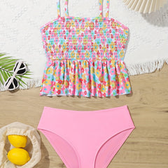 Toddler Girls Bikini Tankini Swimsuit Floral Graphic Ruffle Trim Set