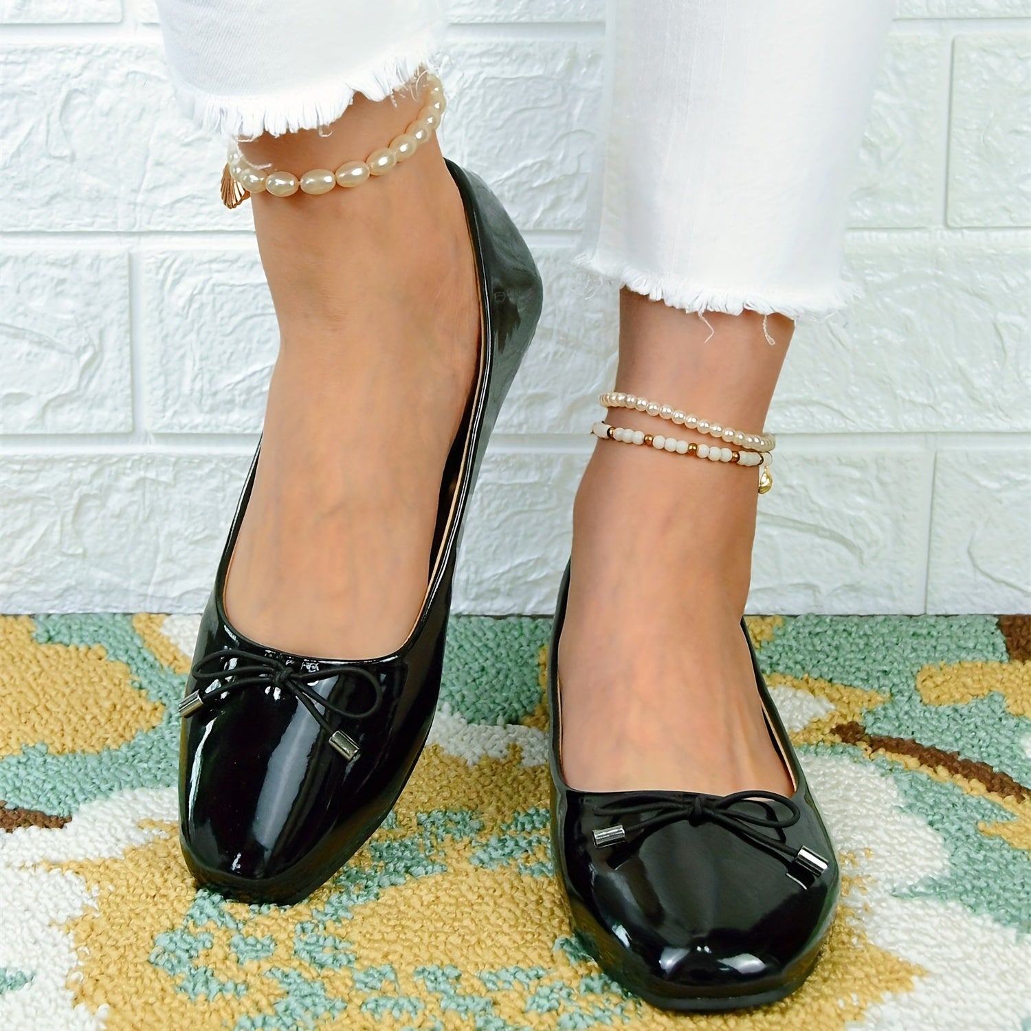 Women's Bowknot Ballet Flats Square Toe Slip On Patent Leather Shoes