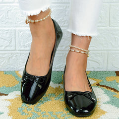 Women's Bowknot Ballet Flats Square Toe Slip On Patent Leather Shoes