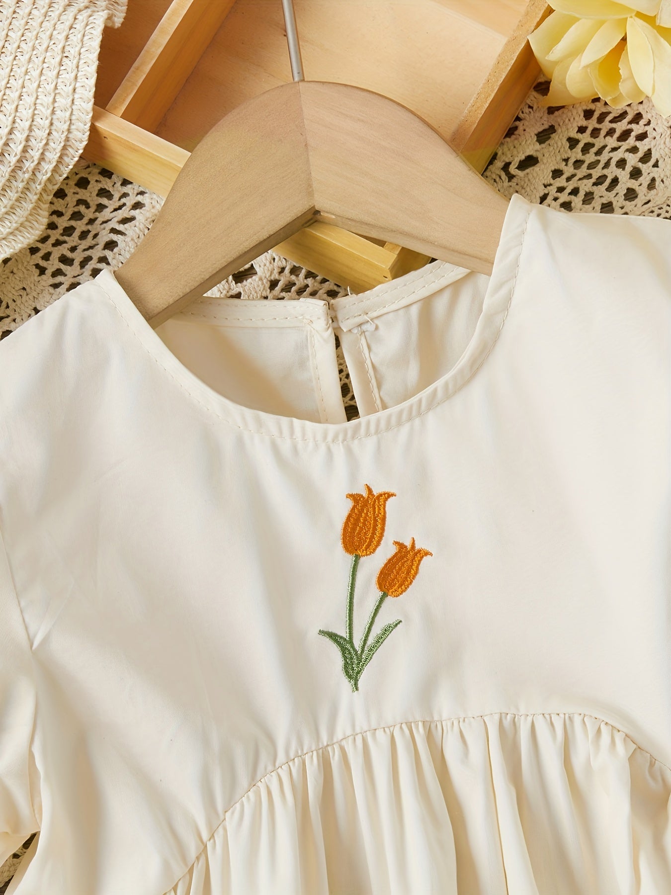 Girls Tulip Flower Embroidered Puff Sleeve Cotton Sweet Casual Dress