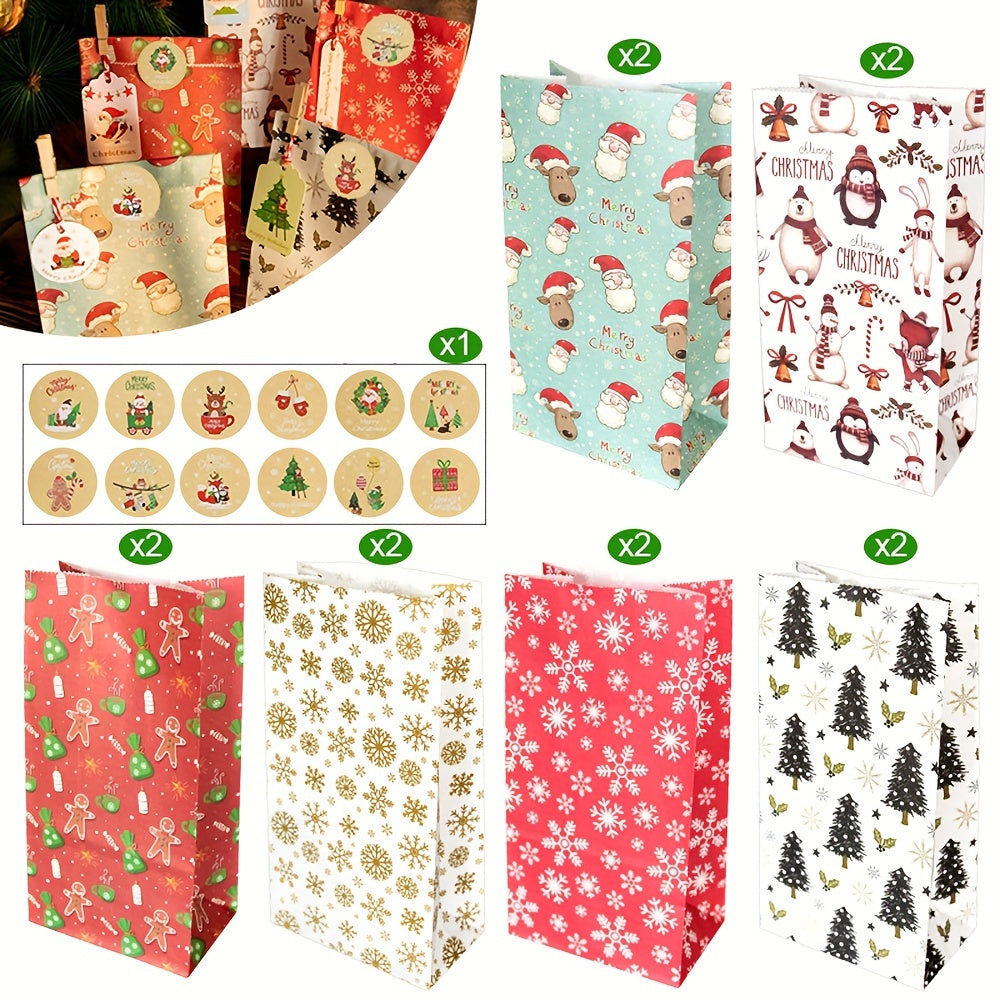 12pcs Christmas Paper Candy Bags with Gift Tag Stickers