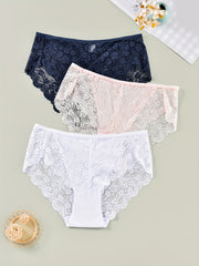 3 Pack Plus Size Panties Set Women's Plus Floral Lace Mid Rise Romantic Briefs