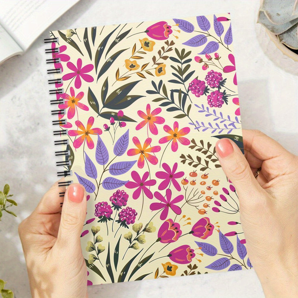 Floral Spiral Notebook Journal Pink & Purple Flower on Beige Background