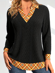 Colorblock Plaid Print Cable Long Sleeve V Neck Sweater