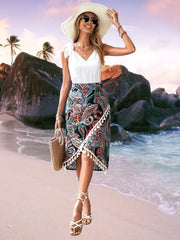 Paisley Print Tassel Skirts Boho High Waist Bag Hip Summer Skirts