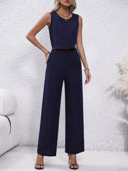 Casual Solid 2pc Set Sleeveless Tank Top & Pleated Pants Outfit
