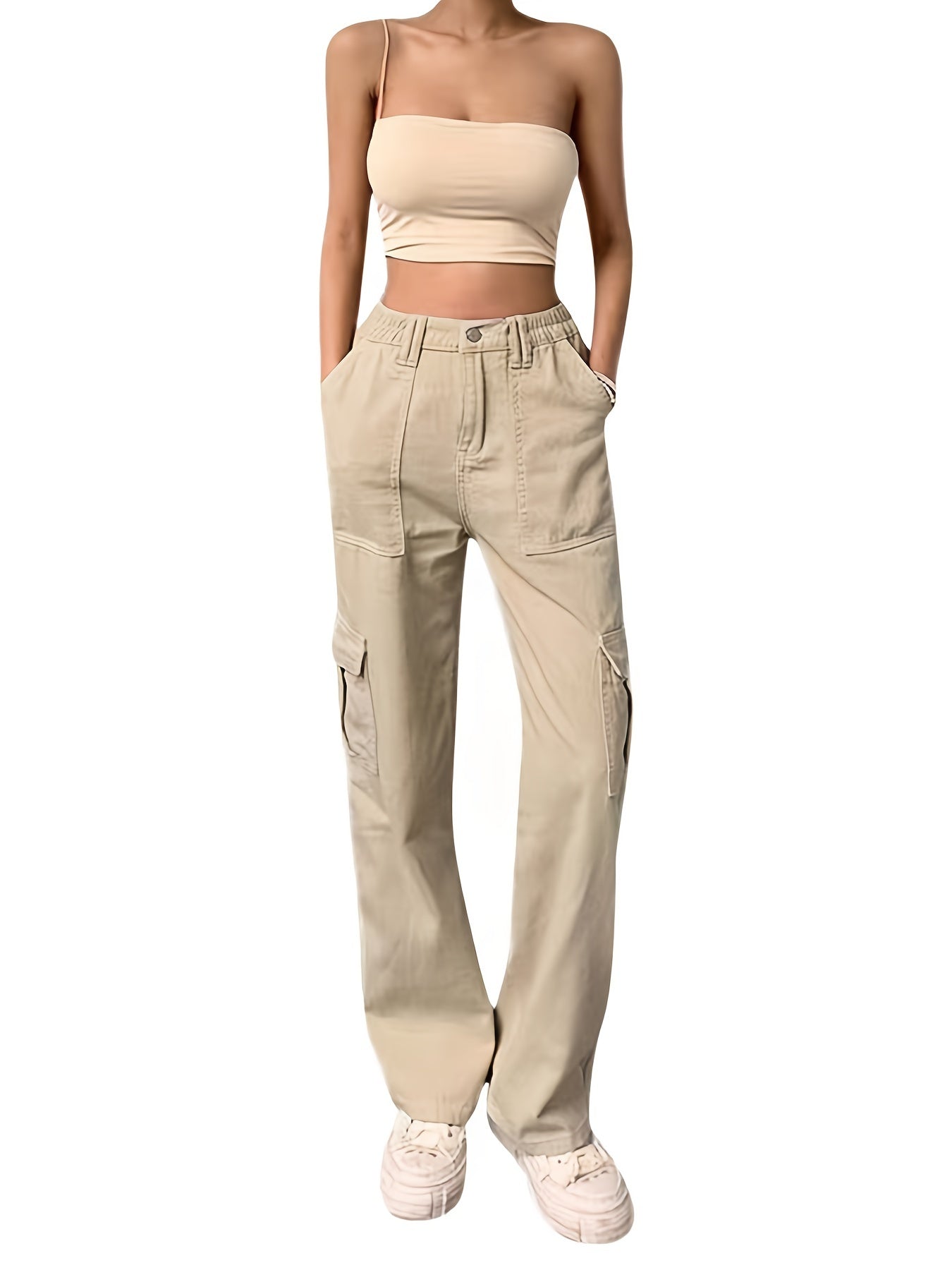 High Rise Solid Cargo Pants Expanded Pockets Loose Baggy Fit