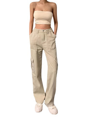 High Rise Solid Cargo Pants Expanded Pockets Loose Baggy Fit