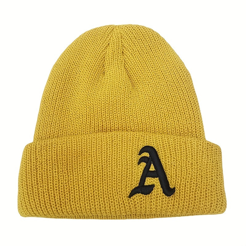 Windproof Knit Beanie Hat Embroidered with Letter A