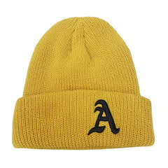Windproof Knit Beanie Hat Embroidered with Letter A