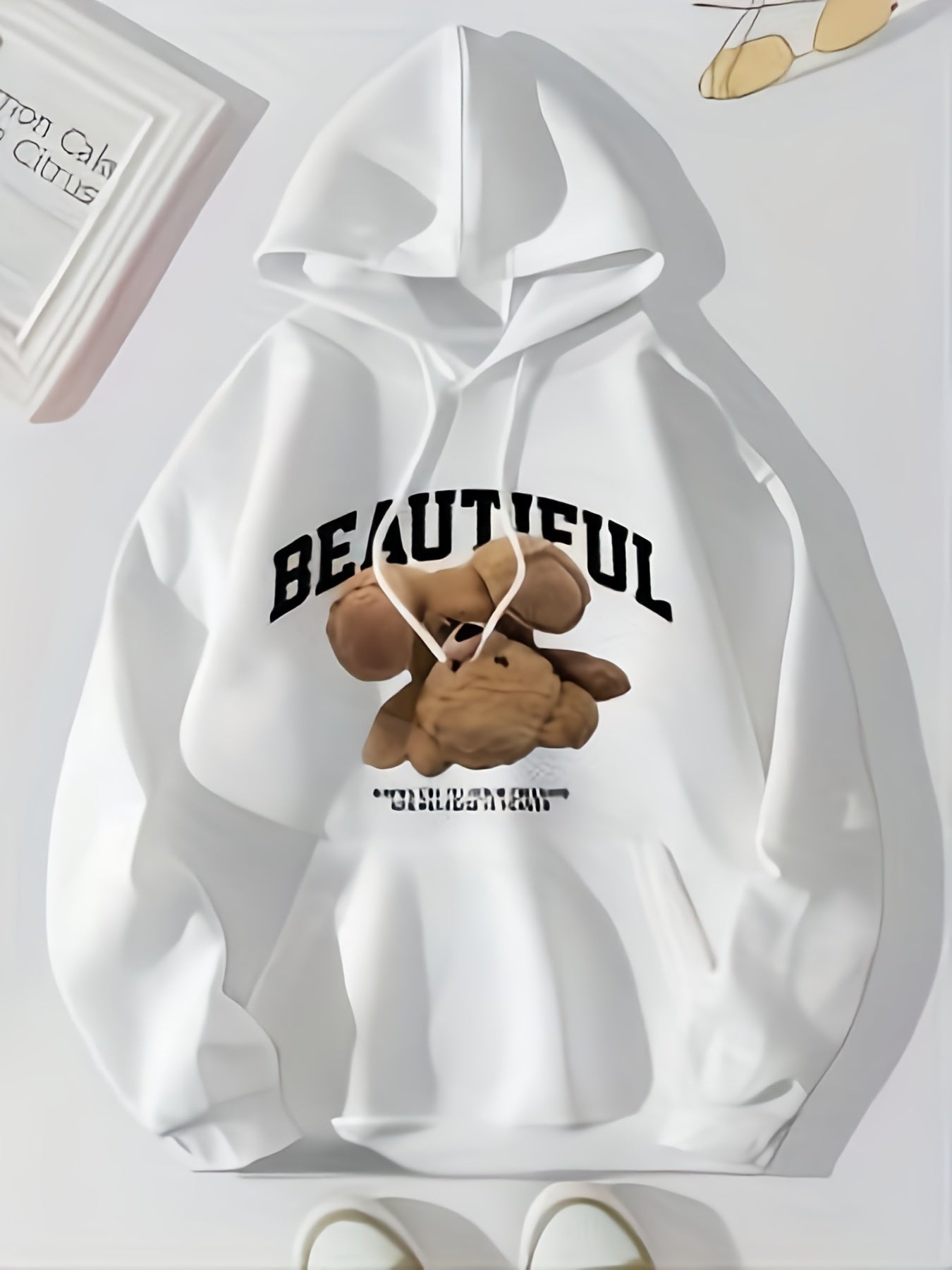 Bear Print Kangaroo Pocket Hoodie Casual Long Sleeve Drawstring Hoodies