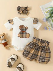 Baby Girls Plaid Bear T shirt & Bow Shorts Set