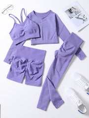 4pcs Women's Yoga Fitness Set Sleeveless Sports Bra Long Sleeve Thumb Hole Shirt