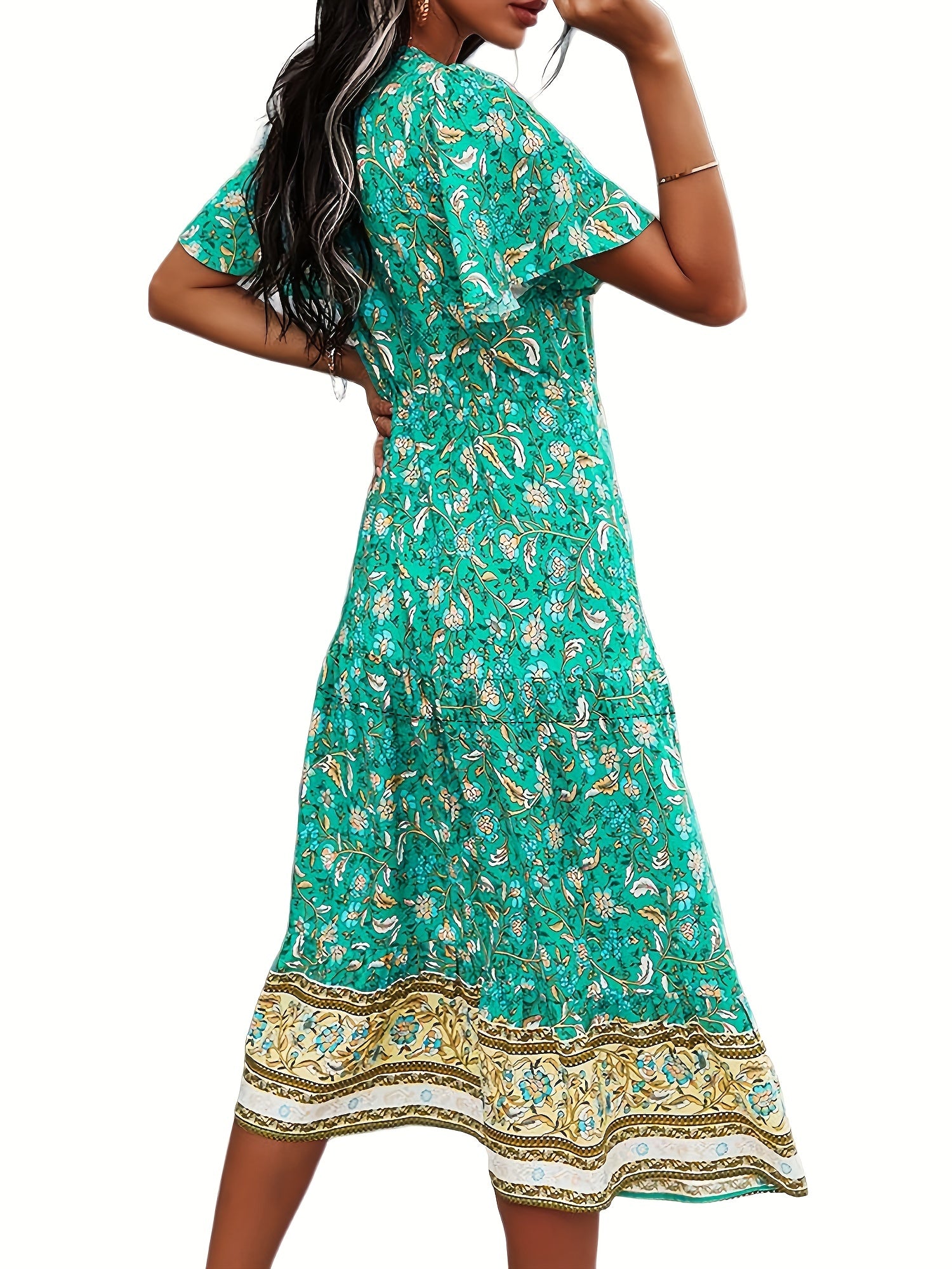 Boho Floral Print V Neck Dress Casual Short Sleeve Dress