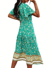 Boho Floral Print V Neck Dress Casual Short Sleeve Dress