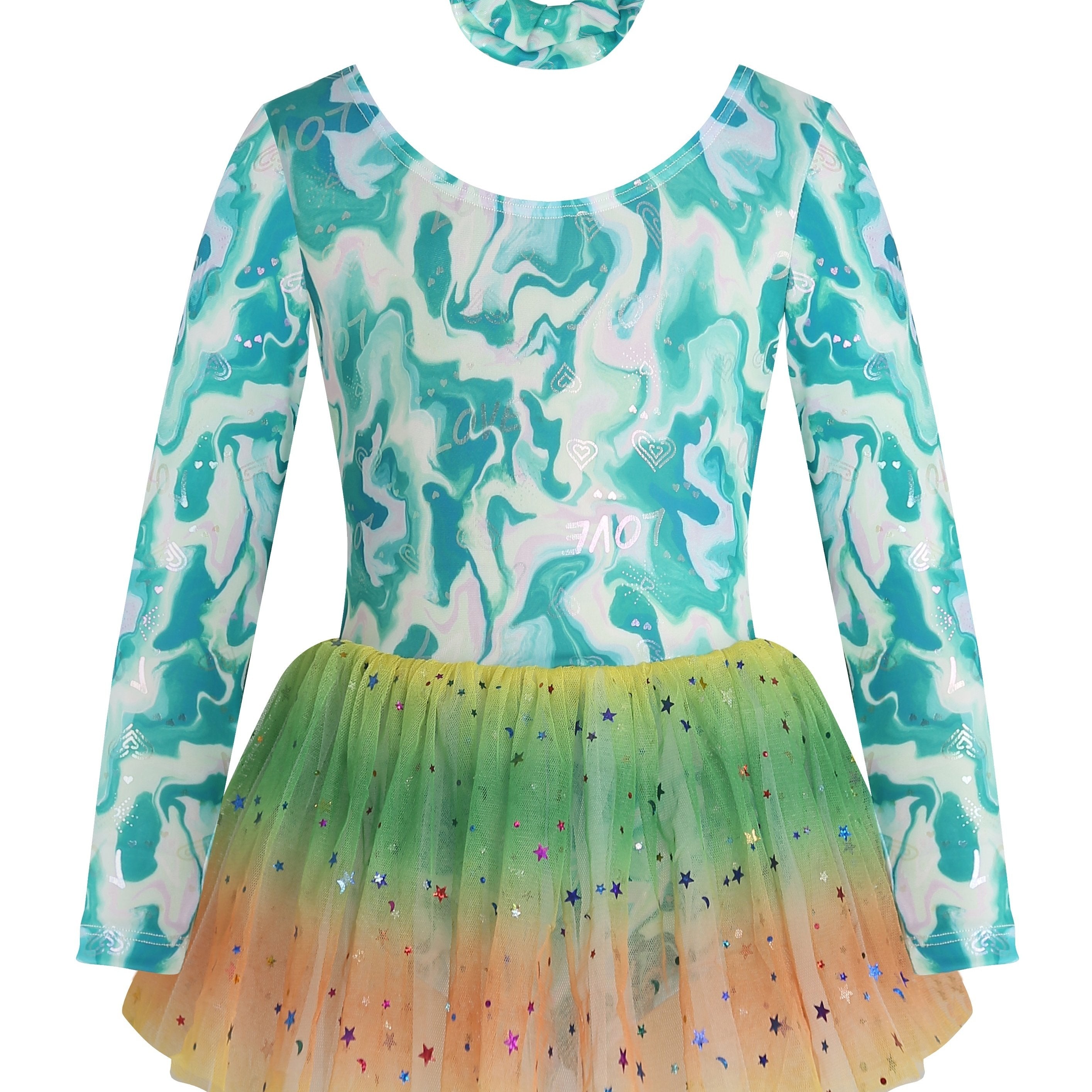 Girls Long Sleeve Back Bow Stars Sequins Tulle Tutu Patchwork Dress