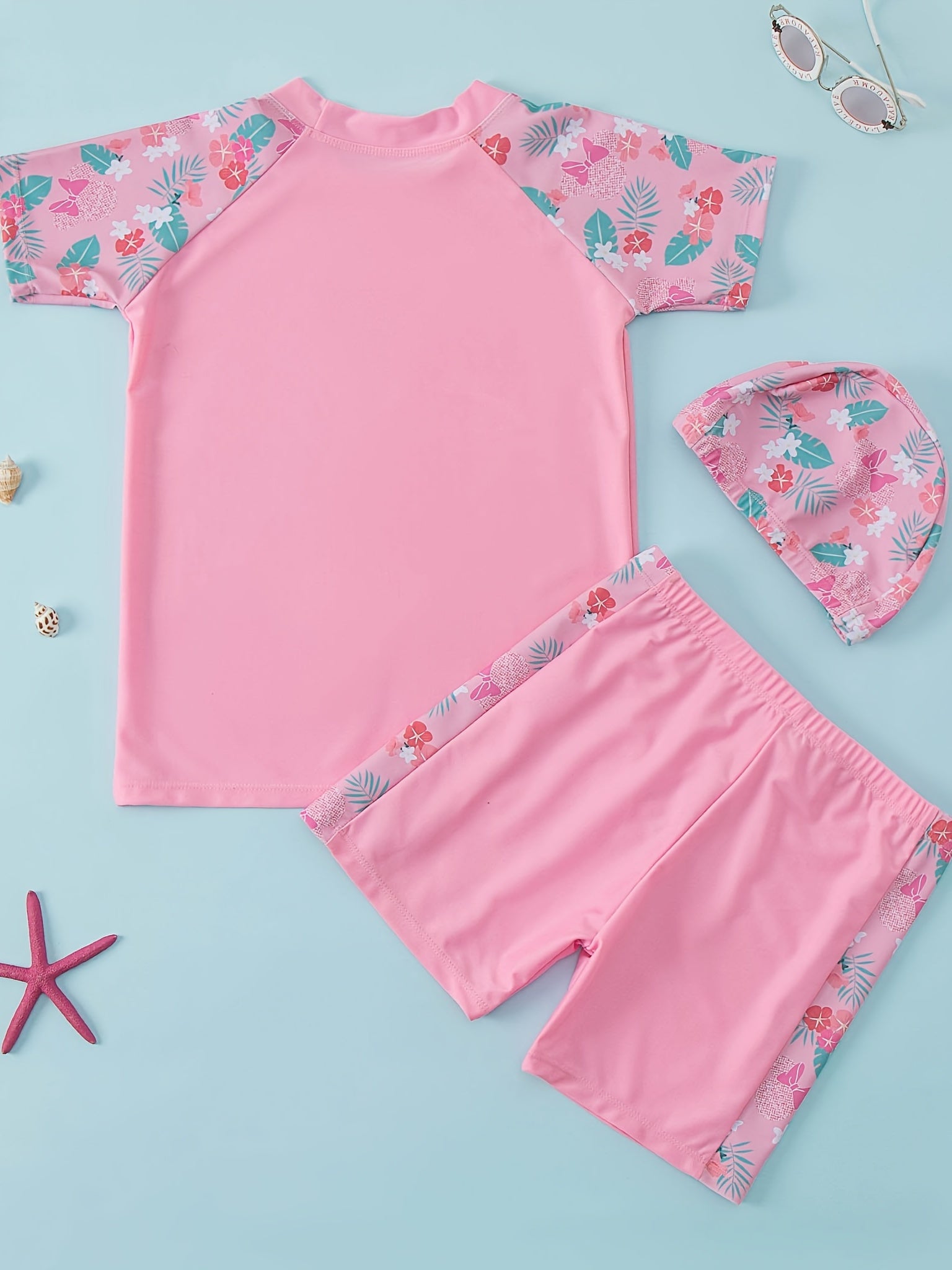 Toddler Girls Bikini Tankini Swimsuit Raglan Sleeve Top Shorts Swimming Cap Set