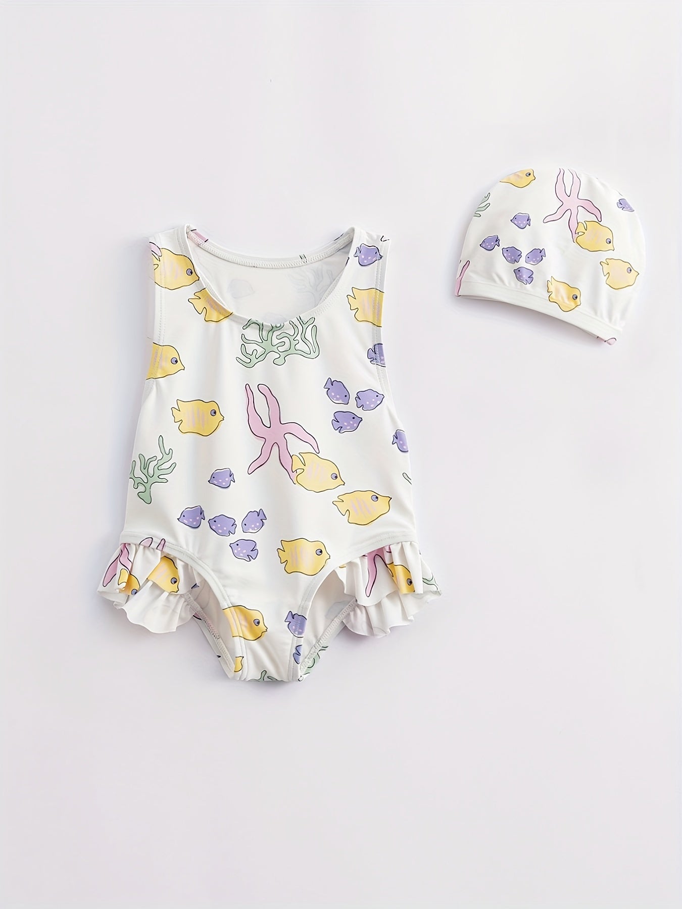 Toddler Girls Fish Pattern Swimsuit & Swim Hat Set