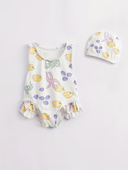Toddler Girls Fish Pattern Swimsuit & Swim Hat Set