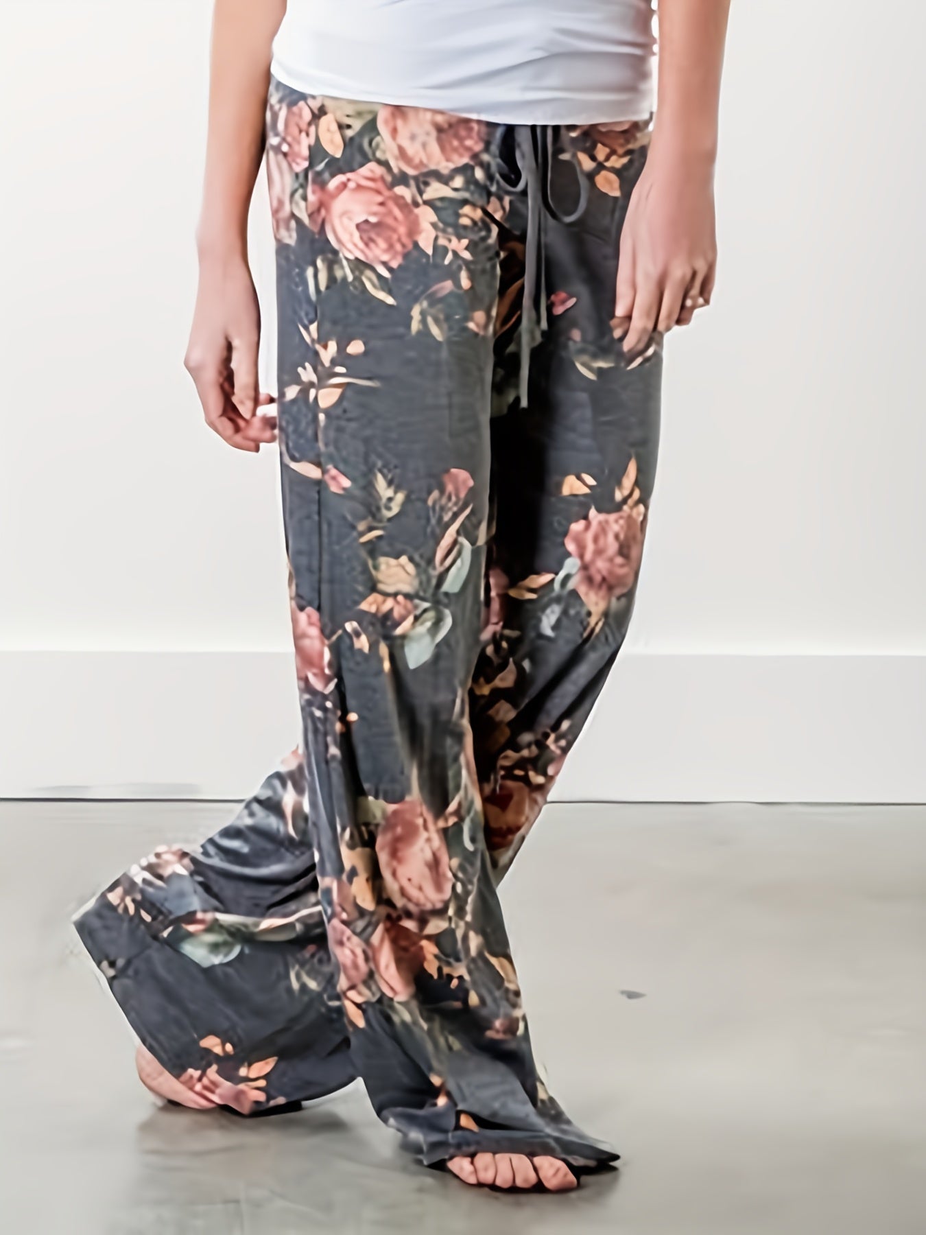 Vintage Floral Print Pants Casual Drawstring Waist