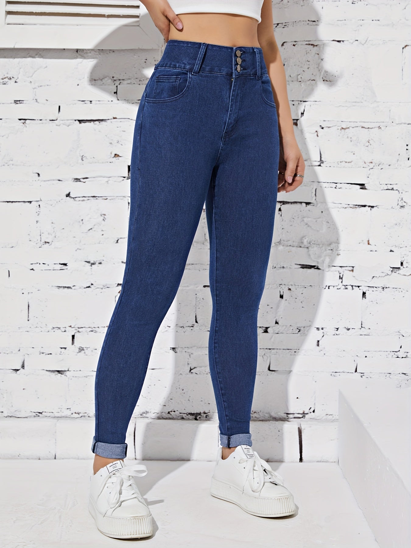 High Stretch Straight Jeans Slash Pockets Versatile Denim Pants
