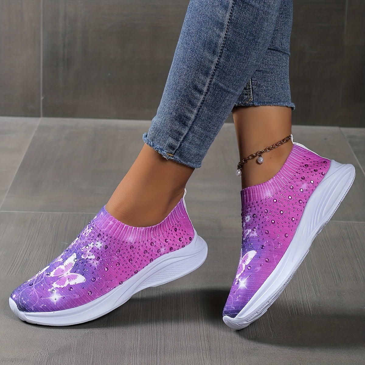 Rhinestone Decor Butterfly Print Soft Sole Sneaker