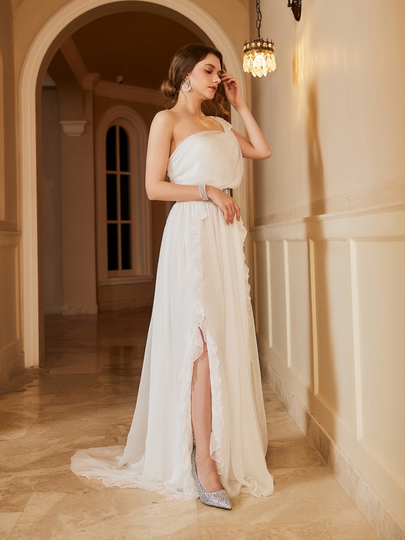 Thigh Mesh Wedding Dress Backless One Shoulder Dress