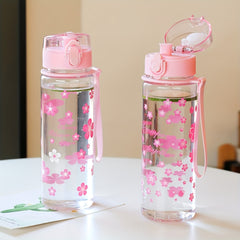 500ml Pink Flower Pattern Water Bottle Plastic Water Cup Portable Leakproof