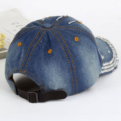 Rhinestone Decor Ripped Baseball Cap Distressed Sun Hat